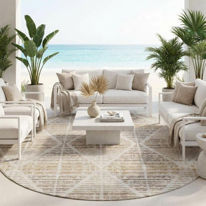 8 Ft Round Geometric Polyester Area Rug Washable Beige Ivory Indoor Outdoor Use