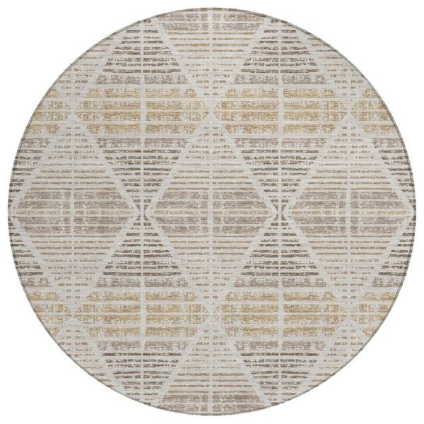 HomeRoots 8 Ft Round Geometric Polyester Area Rug Washable Beige Ivory Indoor Outdoor Use 735918