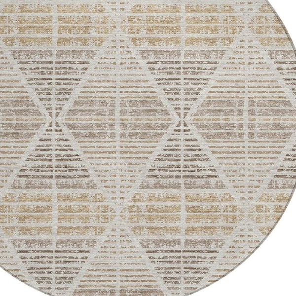 8 Ft Round Geometric Polyester Area Rug Washable Beige Ivory Indoor Outdoor Use