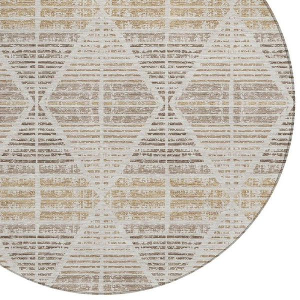 8 Ft Round Geometric Polyester Area Rug Washable Beige Ivory Indoor Outdoor Use