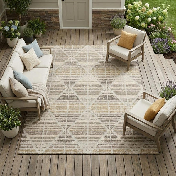 9 X 12 Beige Ivory Geometric Polyester Rug Stain Resistant Indoor Outdoor Use