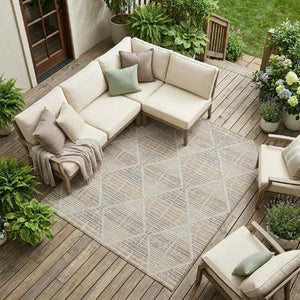 10 Ft X 14 Ft Beige Ivory Geometric Polyester Washable Rug for Patio or Living Room
