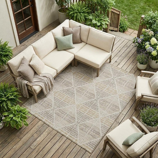 10 Ft X 14 Ft Beige Ivory Geometric Polyester Washable Rug for Patio or Living Room