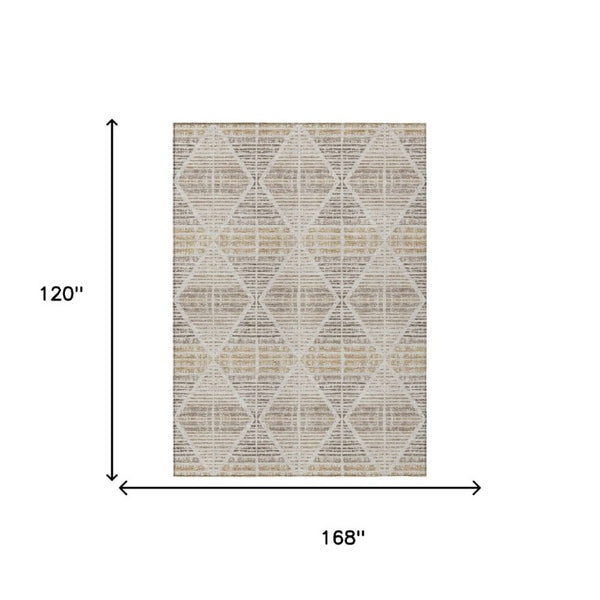 10 Ft X 14 Ft Beige Ivory Geometric Polyester Washable Rug for Patio or Living Room