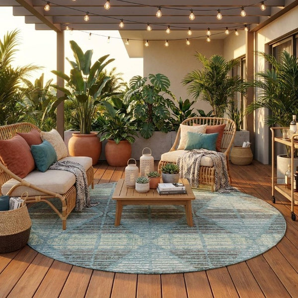 8 Ft Round Geometric Polyester Area Rug Washable Teal Ivory for Patio or Den