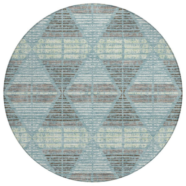 HomeRoots 8 Ft Round Geometric Polyester Area Rug Washable Teal Ivory for Patio or Den 735936