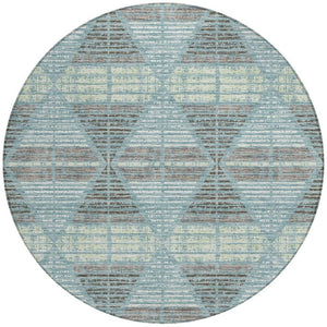 8 Ft Round Geometric Polyester Area Rug Washable Teal Ivory for Patio or Den