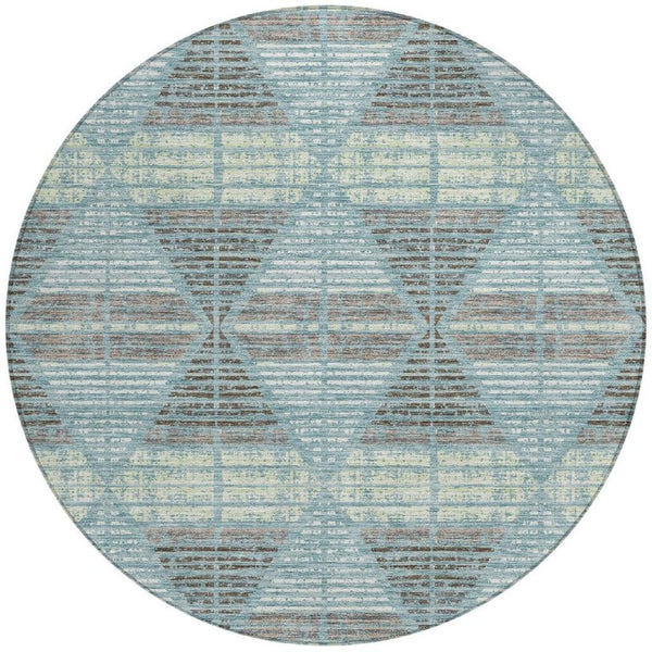 8 Ft Round Geometric Polyester Area Rug Washable Teal Ivory for Patio or Den
