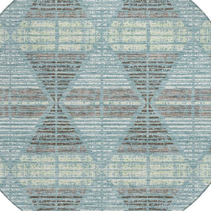 8 Ft Round Geometric Polyester Area Rug Washable Teal Ivory for Patio or Den