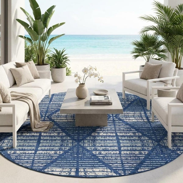 8 Ft Round Geometric Polyester Area Rug Blue Charcoal Washable Indoor Outdoor