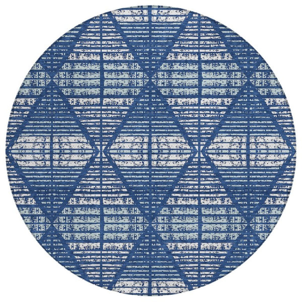 HomeRoots 8 Ft Round Geometric Polyester Area Rug Blue Charcoal Washable Indoor Outdoor 735942
