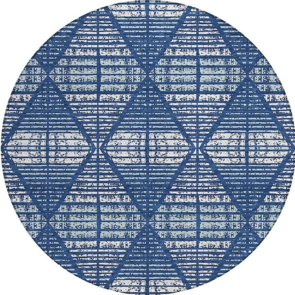 8 Ft Round Geometric Polyester Area Rug Blue Charcoal Washable Indoor Outdoor