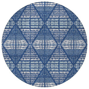 8 Ft Round Geometric Polyester Area Rug Blue Charcoal Washable Indoor Outdoor