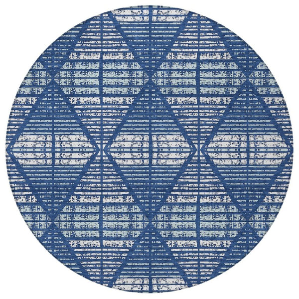 8 Ft Round Geometric Polyester Area Rug Blue Charcoal Washable Indoor Outdoor