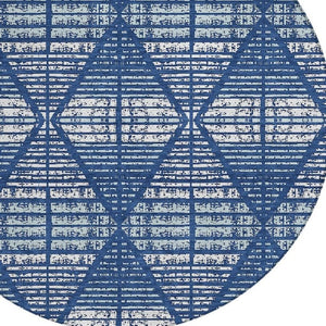 8 Ft Round Geometric Polyester Area Rug Blue Charcoal Washable Indoor Outdoor