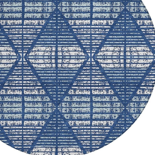 8 Ft Round Geometric Polyester Area Rug Blue Charcoal Washable Indoor Outdoor