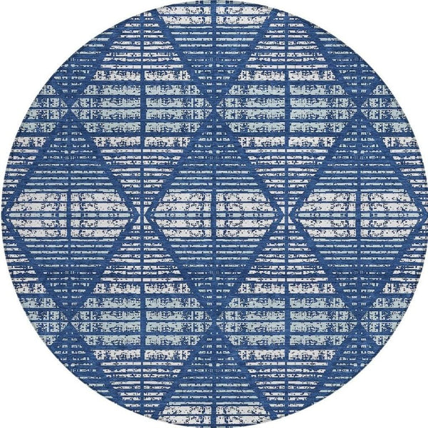 8 Ft Round Geometric Polyester Area Rug Blue Charcoal Washable Indoor Outdoor