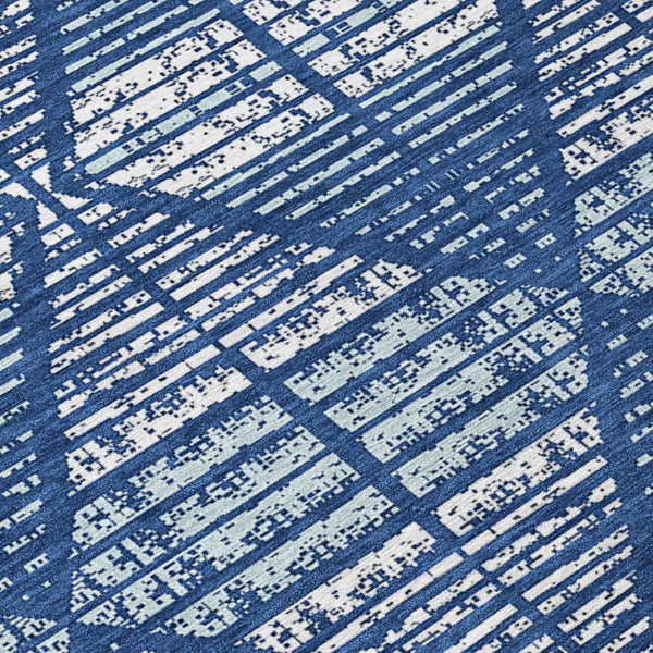 8 Ft Round Geometric Polyester Area Rug Blue Charcoal Washable Indoor Outdoor