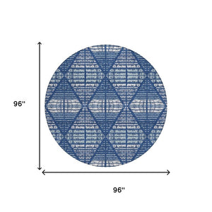 8 Ft Round Geometric Polyester Area Rug Blue Charcoal Washable Indoor Outdoor