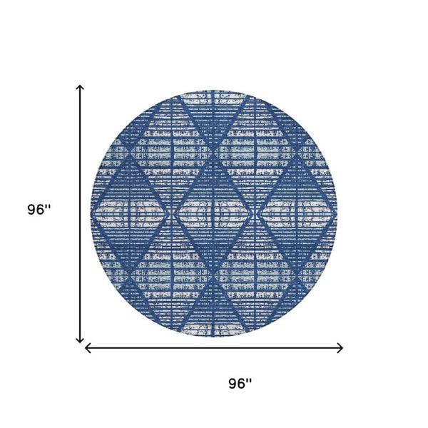 8 Ft Round Geometric Polyester Area Rug Blue Charcoal Washable Indoor Outdoor