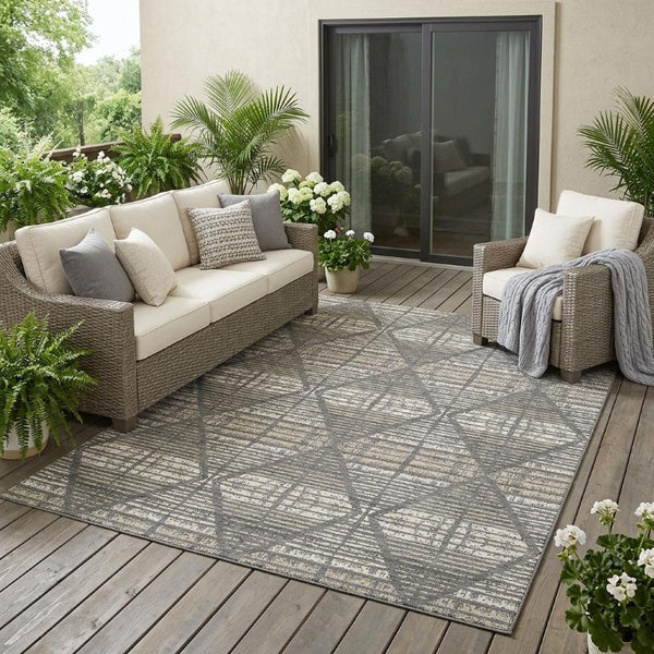 5x8 Gray Taupe Geometric Polyester Area Rug Washable Stain Resistant Indoor Outdoor