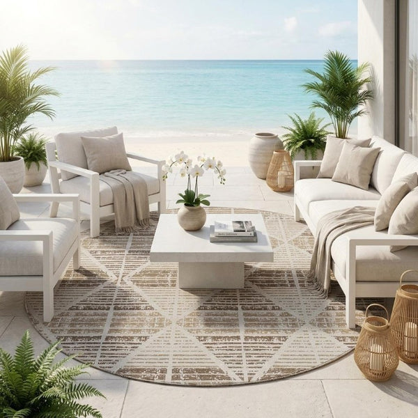 8 Foot Round Geometric Polyester Area Rug Washable for Patio Porch and Family Rooms
