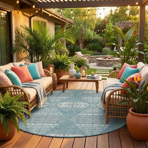 8 Ft Round Geometric Polyester Area Rug Teal Brown Washable for Indoor Outdoor Use