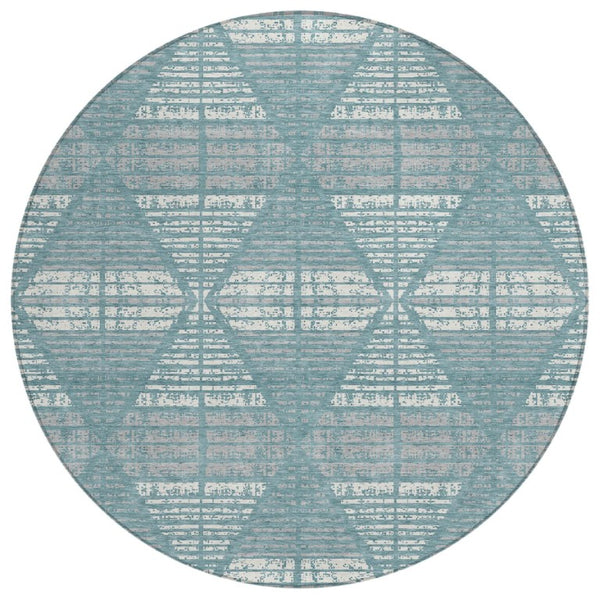 HomeRoots 8 Ft Round Geometric Polyester Area Rug Teal Brown Washable for Indoor Outdoor Use 735978