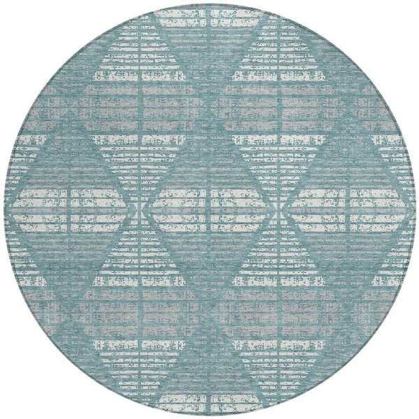 8 Ft Round Geometric Polyester Area Rug Teal Brown Washable for Indoor Outdoor Use