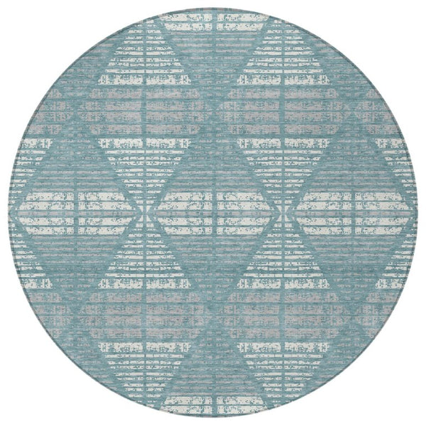 8 Ft Round Geometric Polyester Area Rug Teal Brown Washable for Indoor Outdoor Use
