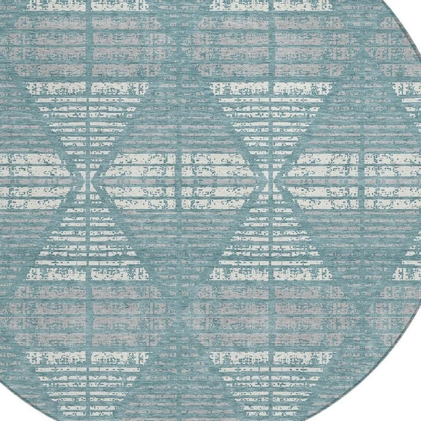 8 Ft Round Geometric Polyester Area Rug Teal Brown Washable for Indoor Outdoor Use