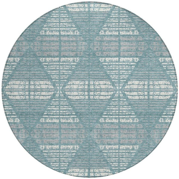 8 Ft Round Geometric Polyester Area Rug Teal Brown Washable for Indoor Outdoor Use