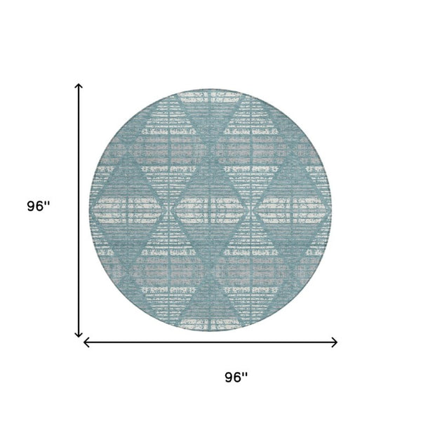 8 Ft Round Geometric Polyester Area Rug Teal Brown Washable for Indoor Outdoor Use