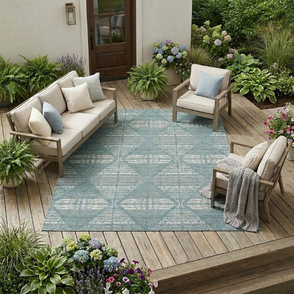 8x10 Teal Brown Geometric Polyester Rug Washable Stain Resistant Indoor Outdoor