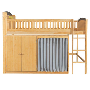 English Elm Twin Loft Bed with Wardrobe Cabinet Led Lighting and Pine Frame for Kids Rooms Wood N7090002236M