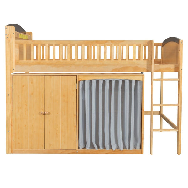 English Elm Twin Loft Bed with Wardrobe Cabinet Led Lighting and Pine Frame for Kids Rooms Wood N7090002236M