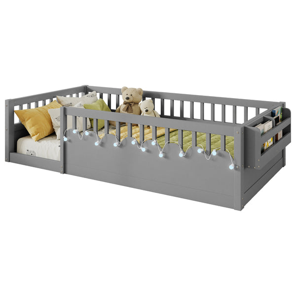 English Elm Twin Montessori Floor Bed Frame with High Rails and Built-In Light Shelf for Safe Independent Sleep Grey 79.13 L x 13 W x 6.3 H W2593P333797