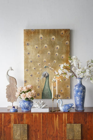 English Elm 30.7x46.5x1.4" Hand-painted Peacock Acrylic Canvas Art with Radiant Gold Textured Ground W2078P481778
