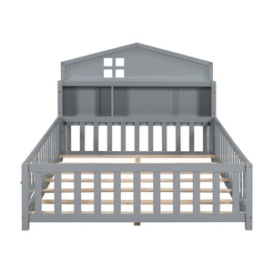 English Elm Full-size Montessori Floor Bed with Built-In Bookcase and Chalkboard, Space-Saving Solid Wood Platform for Kids Grey 56.3 L x 17.32 W x 5.31 H W1716S00013