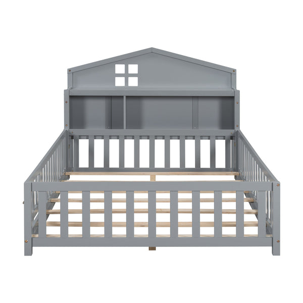 English Elm Full-size Montessori Floor Bed with Built-In Bookcase and Chalkboard, Space-Saving Solid Wood Platform for Kids Grey 56.3 L x 17.32 W x 5.31 H W1716S00013