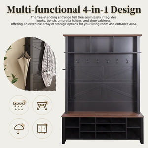 English Elm Farmhouse Hall Tree Entryway Organizer with Bench 16 Compartments and 6 Coat Hooks N721S000064B-1