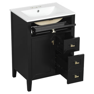 English Elm "24'' 24 Inch Glossy Freestanding Bathroom Vanity with Gold Hardware and Soft Close Storage Black Rubberwood N725P448529B
