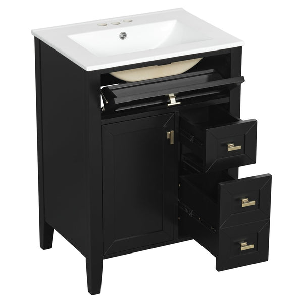 English Elm "24'' 24 Inch Glossy Freestanding Bathroom Vanity with Gold Hardware and Soft Close Storage Black Rubberwood N725P448529B