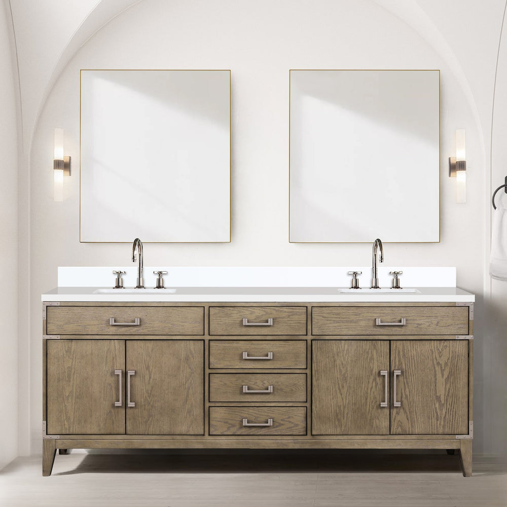 English Elm Grey Oak Double Bath Vanity With Cultured Marble Top, Soft-Close Storage, And Stylish Mirrors - 80" W B2731S01621