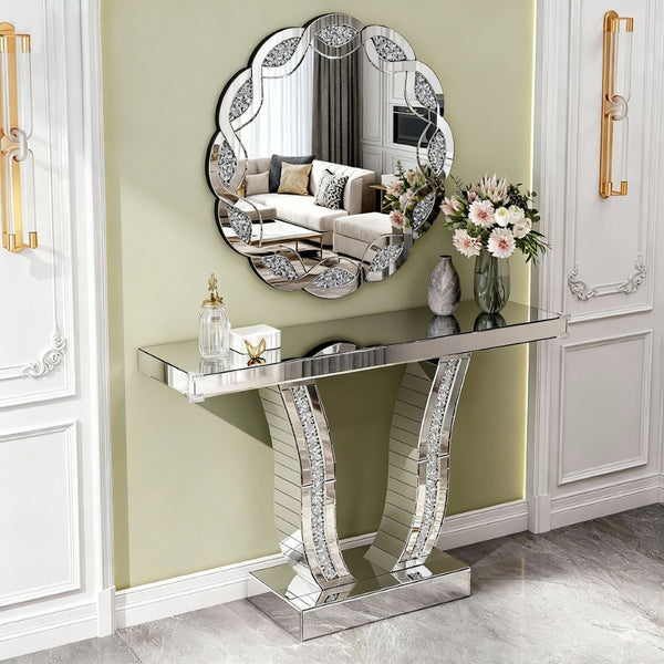 English Elm 43 Inch Mirrored Console Glam Sofa Table with Crystal Stone Inlaid Curved Legs W1445P370475