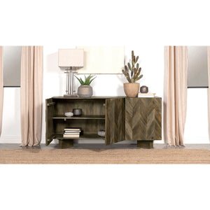 English Elm Roman Mango Brown Chevron 3-Door Server with Ornate Bracket Feet, Adjustable Shelves & Rustic Charm B062P358298