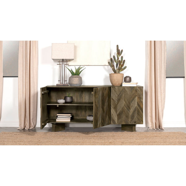 English Elm Roman Mango Brown Chevron 3-Door Server with Ornate Bracket Feet, Adjustable Shelves & Rustic Charm B062P358298