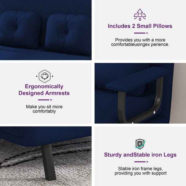 English Elm 46" Wide Corduroy Sleeper Sofa Bed Convertible Folding Chair for Two with Adjustable Backrest Blue W2700P431035