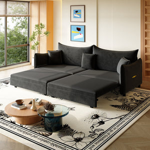 English Elm 81.9" 3-in-1 Convertible Sleeper Sofa Bed with Velvet Upholstery, 3 Pillows & Golden Trim Accent Black W1885S00254