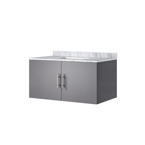 English Elm Dark Grey Bath Vanity With Carrara Marble Top - Elegant 36” W Design, Soft-Close Hardware & Storage B2731P258600